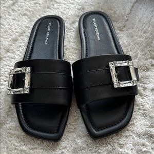 Stuart Weitzman Black Sandals with Crystal Buckle